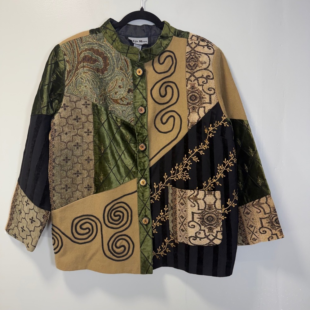 Indigo Moon Vintage Y2K Patchwork Velvet Embroidered Button Front Jacket 1X